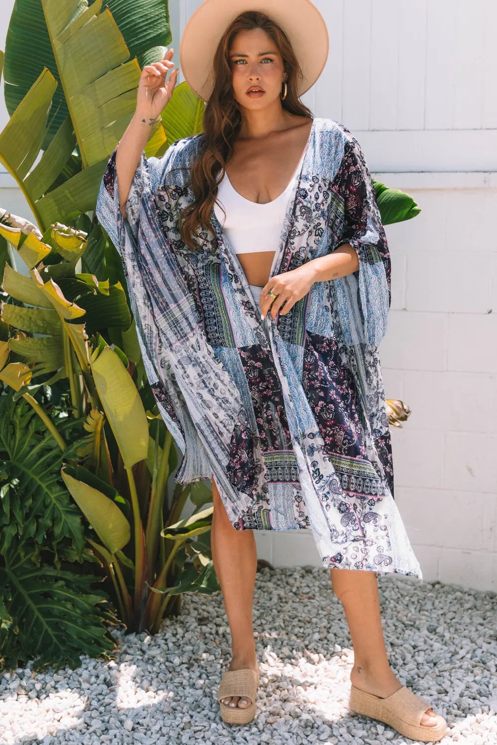 Blue Retro Floral Print Long Loose Open Front Kimono Love Salve